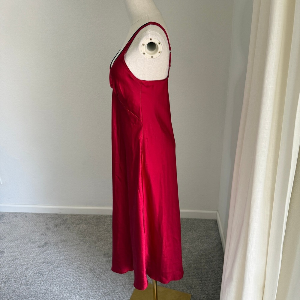 Red Satin V-Neck Slip Dress Midi Chemise Old Hollywood Glamor Boudoir Lingerie - Picture 4 of 6